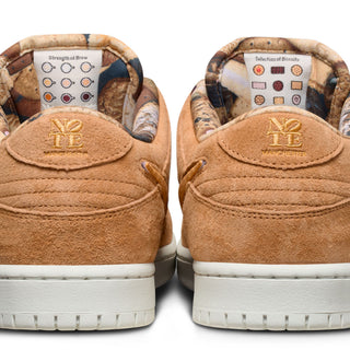 Nike SB Dunk Low Brew and Biscuits with flax and honeycomb tones, low-top silhouette, and classic color blocking design.
