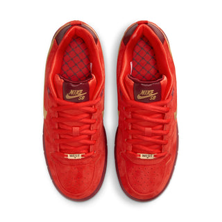 Nike SB P-Rod Zoom Air Low in habanero red and club gold with burgundy accents and metallic lace detail.