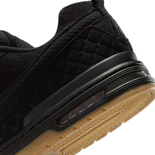 Nike SB Paul Rodriguez Zoom Air Low skate shoes in Black/Black, leather upper with quilted panels, rounded toebox cupsole construction, Air Zoom cushioning with impact plate, gum rubber outsole, inspired by original 2005 Paul Rodriguez signature silhouette