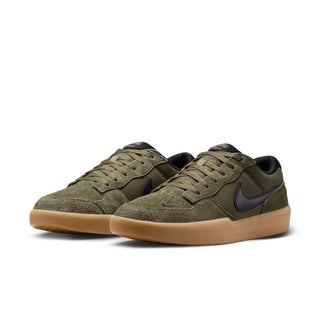 Nike SB Force 58 Skate Shoes in Medium Olive/Black — canvas and suede low-top with cupsole durability, tri-star grip sole, and heritage basketball-inspired perforated toe design.

