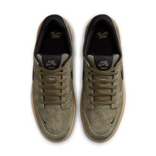 Nike SB Force 58 Skate Shoes in Medium Olive/Black — canvas and suede low-top with cupsole durability, tri-star grip sole, and heritage basketball-inspired perforated toe design.


