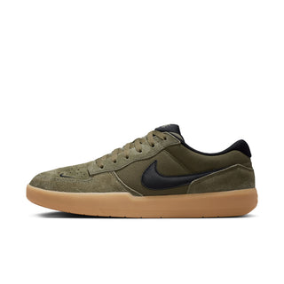 Nike SB Force 58 Skate Shoes in Medium Olive/Black — canvas and suede low-top with cupsole durability, tri-star grip sole, and heritage basketball-inspired perforated toe design.

