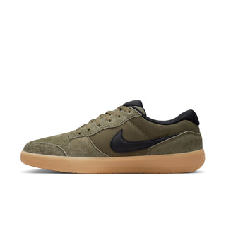 Nike SB Force 58 Skate Shoes in Medium Olive/Black— canvas and suede low-top with cupsole durability, tri-star grip sole, and heritage basketball-inspired perforated toe design.

