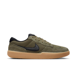 Nike SB Force 58 Skate Shoes in Medium Olive/Black — canvas and suede low-top with cupsole durability, tri-star grip sole, and heritage basketball-inspired perforated toe design.


