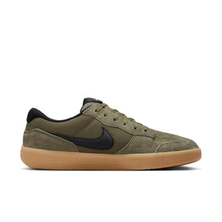 Nike SB Force 58 Skate Shoes in Medium Olive/Black — canvas and suede low-top with cupsole durability, tri-star grip sole, and heritage basketball-inspired perforated toe design.

