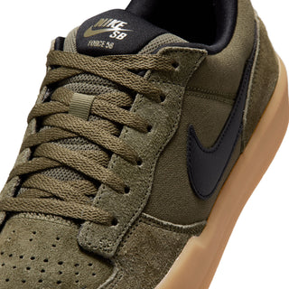 Nike SB Force 58 Skate Shoes in Medium Olive/Black — canvas and suede low-top with cupsole durability, tri-star grip sole, and heritage basketball-inspired perforated toe design.

