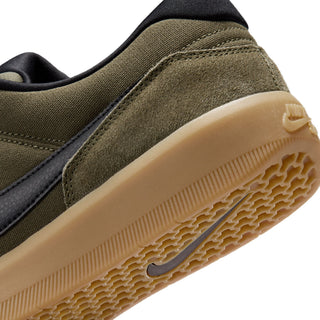 Nike SB Force 58 Skate Shoes in Medium Olive/Black — canvas and suede low-top with cupsole durability, tri-star grip sole, and heritage basketball-inspired perforated toe design.

