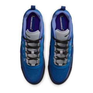 A pair of blue and gray athletic sneakers shown from a top-down view on a white background.