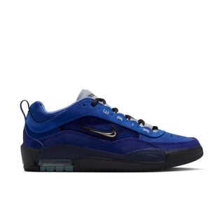 Blue sneaker with black accents on a white background