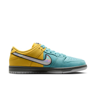 Nike SB Dunk Low Pro Muni Pass in Lightening/Wolf Grey/Denim Turquoise, premium nubuck low-top skate shoe with foam midsole cushioning, padded collar, rubber outsole with pivot traction, and heritage Dunk color-blocking