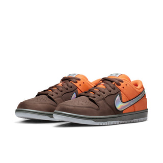 Nike SB Dunk Low Pro in safety orange, wolf grey, and baroque brown with classic color blocking and padded low-top design.