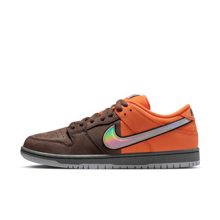 Nike SB Dunk Low Pro in safety orange, wolf grey, and baroque brown with classic color blocking and padded low-top design.