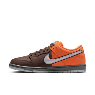 Nike SB Dunk Low Pro in safety orange, wolf grey, and baroque brown with classic color blocking and padded low-top design.