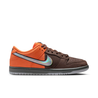 Nike SB Dunk Low Pro in safety orange, wolf grey, and baroque brown with classic color blocking and padded low-top design.