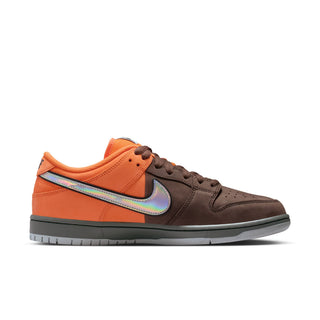 Nike SB Dunk Low Pro in safety orange, wolf grey, and baroque brown with classic color blocking and padded low-top design.