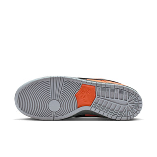 Nike SB Dunk Low Pro in safety orange, wolf grey, and baroque brown with classic color blocking and padded low-top design.