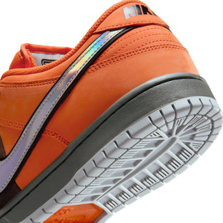 Nike SB Dunk Low Pro in safety orange, wolf grey, and baroque brown with classic color blocking and padded low-top design.