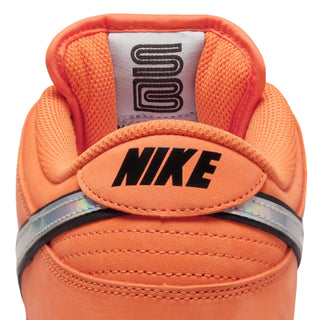 Nike SB Dunk Low Pro in safety orange, wolf grey, and baroque brown with classic color blocking and padded low-top design.