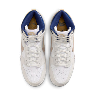 Nike SB Dunk High Pro x Beyond Store Skate Shoes in White/Ivory-Sand Dune-Blue Void — premium leather upper, kidney pool blueprint sockliner, perforated toe box, and full cupsole rubber sole. Extra laces included.