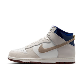 Nike SB Dunk High Pro x Beyond Store Skate Shoes in White/Ivory-Sand Dune-Blue Void — premium leather upper, kidney pool blueprint sockliner, perforated toe box, and full cupsole rubber sole. Extra laces included.
