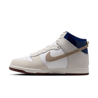 Nike SB Dunk High Pro x Beyond Store Skate Shoes in White/Ivory-Sand Dune-Blue Void — premium leather upper, kidney pool blueprint sockliner, perforated toe box, and full cupsole rubber sole. Extra laces included.
