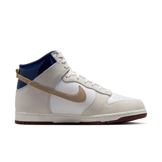 Nike SB Dunk High Pro x Beyond Store Skate Shoes in White/Ivory-Sand Dune-Blue Void — premium leather upper, kidney pool blueprint sockliner, perforated toe box, and full cupsole rubber sole. Extra laces included.