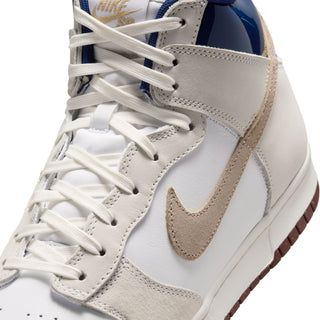 Nike SB Dunk High Pro x Beyond Store Skate Shoes in White/Ivory-Sand Dune-Blue Void — premium leather upper, kidney pool blueprint sockliner, perforated toe box, and full cupsole rubber sole. Extra laces included.