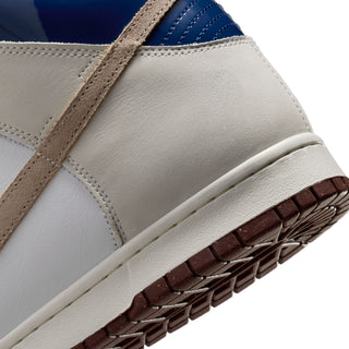 Nike SB Dunk High Pro x Beyond Store Skate Shoes in White/Ivory-Sand Dune-Blue Void — premium leather upper, kidney pool blueprint sockliner, perforated toe box, and full cupsole rubber sole. Extra laces included.