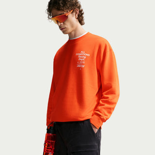 Nike ACG Tuff Fleece Men's Dri-FIT Crew-Neck Sweatshirt in Safety Orange/White — unbrushed French Terry fleece, roomy fit, moisture-wicking