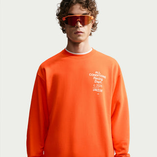 Nike ACG Tuff Fleece Men's Dri-FIT Crew-Neck Sweatshirt in Safety Orange/White — unbrushed French Terry fleece, roomy fit, moisture-wicking