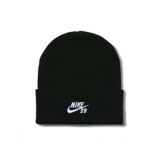 “Black Nike SB Peak knit beanie with a folded cuff and white embroidered Nike SB logo.”