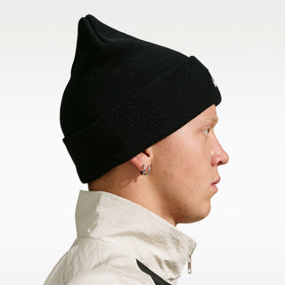 “Black Nike SB Peak knit beanie with a folded cuff and white embroidered Nike SB logo.”