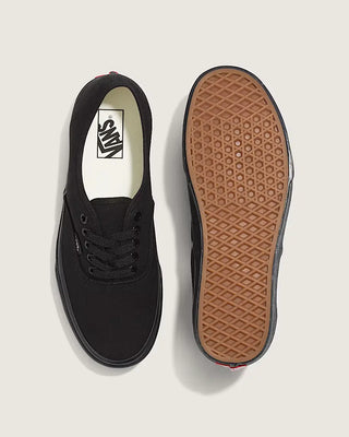 Black Vans sneakers shown from top and bottom view on a light gray background