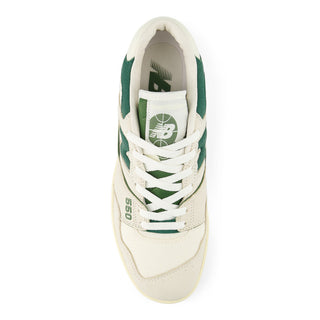 New Balance 550 sneaker in Permafrost and Dark Alpine Green with leather upper, rubber outsole, and retro low-top style.