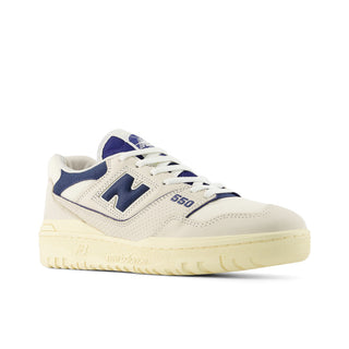 New Balance 550 sneaker in permafrost and blue oyster, leather upper, retro court silhouette with durable rubber outsole.