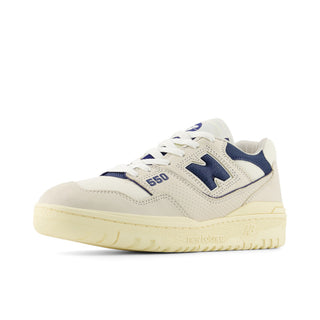 New Balance 550 sneaker in permafrost and blue oyster, leather upper, retro court silhouette with durable rubber outsole.