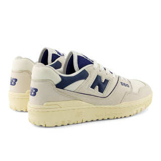 New Balance 550 sneaker in permafrost and blue oyster, leather upper, retro court silhouette with durable rubber outsole.