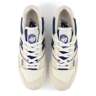 New Balance 550 sneaker in permafrost and blue oyster, leather upper, retro court silhouette with durable rubber outsole.
