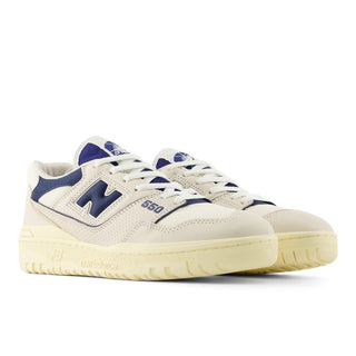 New Balance 550 sneaker in permafrost and blue oyster, leather upper, retro court silhouette with durable rubber outsole.