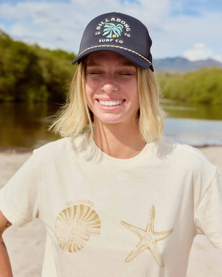 Billabong oversized white crewneck t-shirt with short sleeves and small front graphic in soft cotton knit fabric.