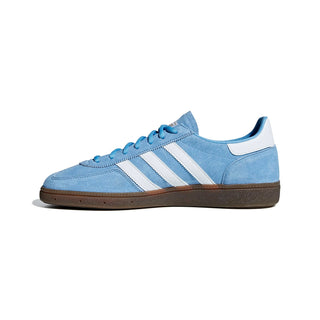 Blue sneaker with white stripes on a white background