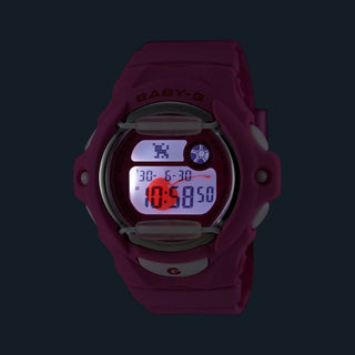 G-SHOCK BABY-G BG169CH-4 in cherry red accents — compact round resin watch with LED cherry display, 200m water resistance, and shock-resistant construction