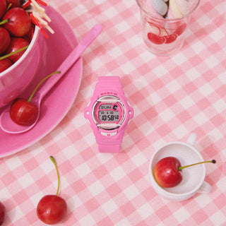 G-SHOCK BABY-G BG169CH-4 in cherry red accents — compact round resin watch with LED cherry display, 200m water resistance, and shock-resistant construction