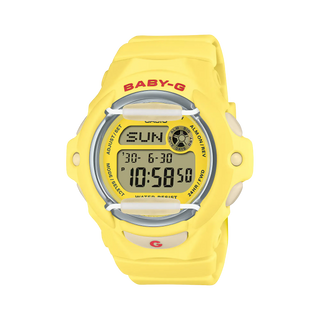 G-SHOCK BABY-G BG169CH-9 in Yellow with cherry red accents — compact round resin watch with LED cherry display, 200m water resistance, and shock-resistant construction