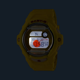 G-SHOCK BABY-G BG169CH-9 in Yellow with cherry red accents — compact round resin watch with LED cherry display, 200m water resistance, and shock-resistant construction