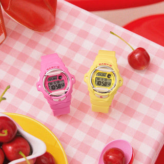 G-SHOCK BABY-G BG169CH-4 in cherry red accents — compact round resin watch with LED cherry display, 200m water resistance, and shock-resistant construction