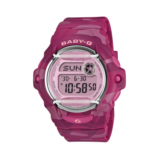"G-Shock BABY-G BG169CM-4 Bold Camo Watch — compact round BG169 form with face protectors, colorful camo bezel and band with hidden G-mark, Y2K-style colors"