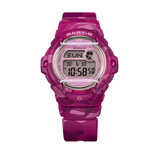 "G-Shock BABY-G BG169CM-4 Bold Camo Watch — compact round BG169 form with face protectors, colorful camo bezel and band with hidden G-mark, Y2K-style colors"