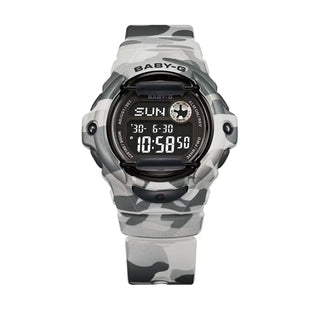 G-SHOCK BABY-G BG169CMB-8 Bold Camo watch — colorful Y2K camo resin case and band, compact round form, 200m water resistance, concealed G-mark