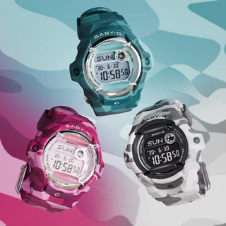 "G-Shock BABY-G BG169CM-4 Bold Camo Watch — compact round BG169 form with face protectors, colorful camo bezel and band with hidden G-mark, Y2K-style colors"